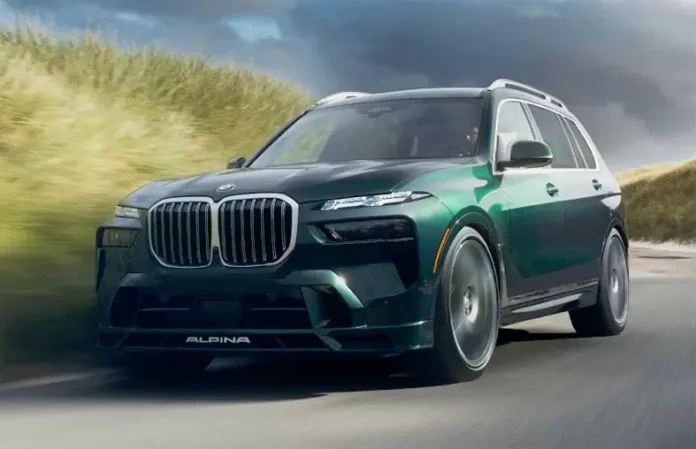 BMW Alpina luxury sedan on an open road, featuring Alpina badging, multi-spoke alloy wheels, and signature blue-and-green accent striping on a dark body colour.