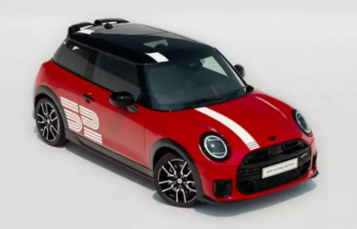 Mini Cooper S Victory Edition in red with ‘52’ decals and white stripes, showcasing 1965 Monte Carlo Rally-inspired design and styling