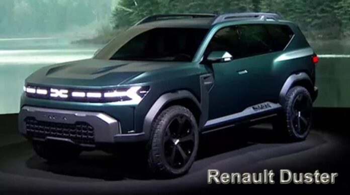 2026 Renault Duster SUV in dark green colour, featuring LED DRL headlights, black alloy wheels, and rugged body cladding, displayed at an indoor launch event